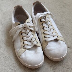 Revitalign Women's Casual Canvas Lace-Up Sneakers in White and Tan leather trim